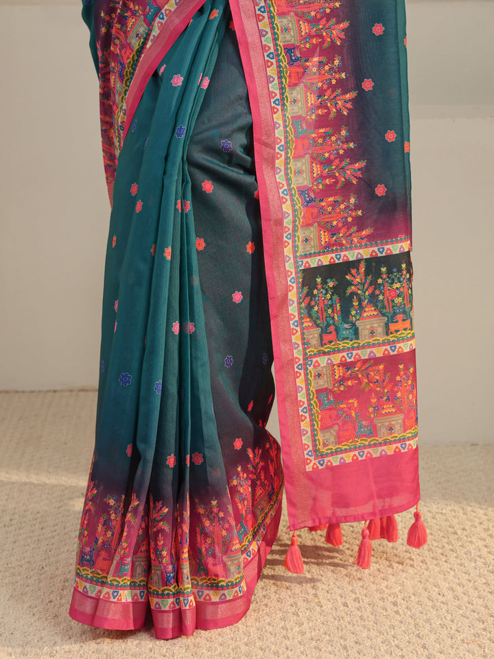 Blue Floral Printed Silk Blend Tassel Saree With Unstitched Blouse Piece