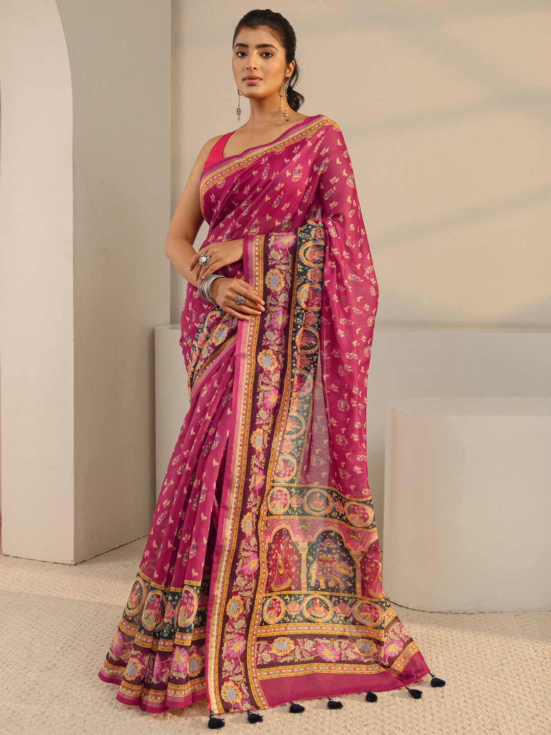 Pink Floral Printed Silk Blend Tassel Saree With Unstitched Blouse Piece