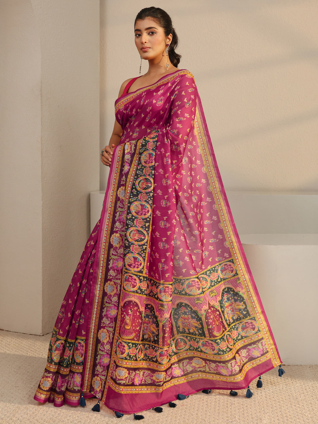 Pink Floral Printed Silk Blend Tassel Saree With Unstitched Blouse Piece