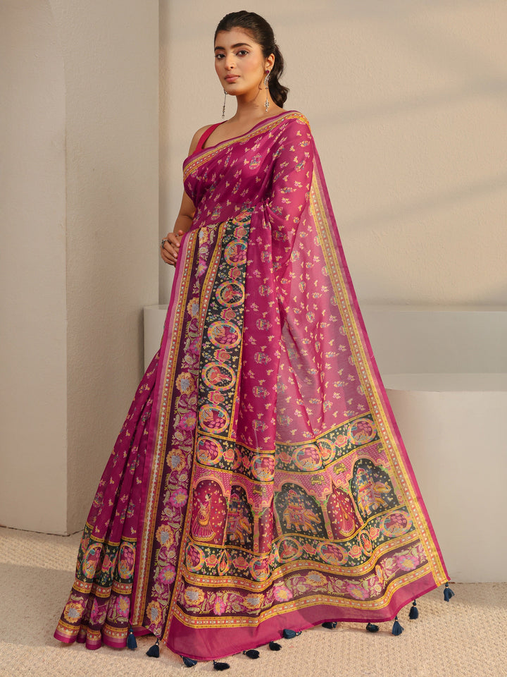 Pink Floral Printed Silk Blend Tassel Saree With Unstitched Blouse Piece