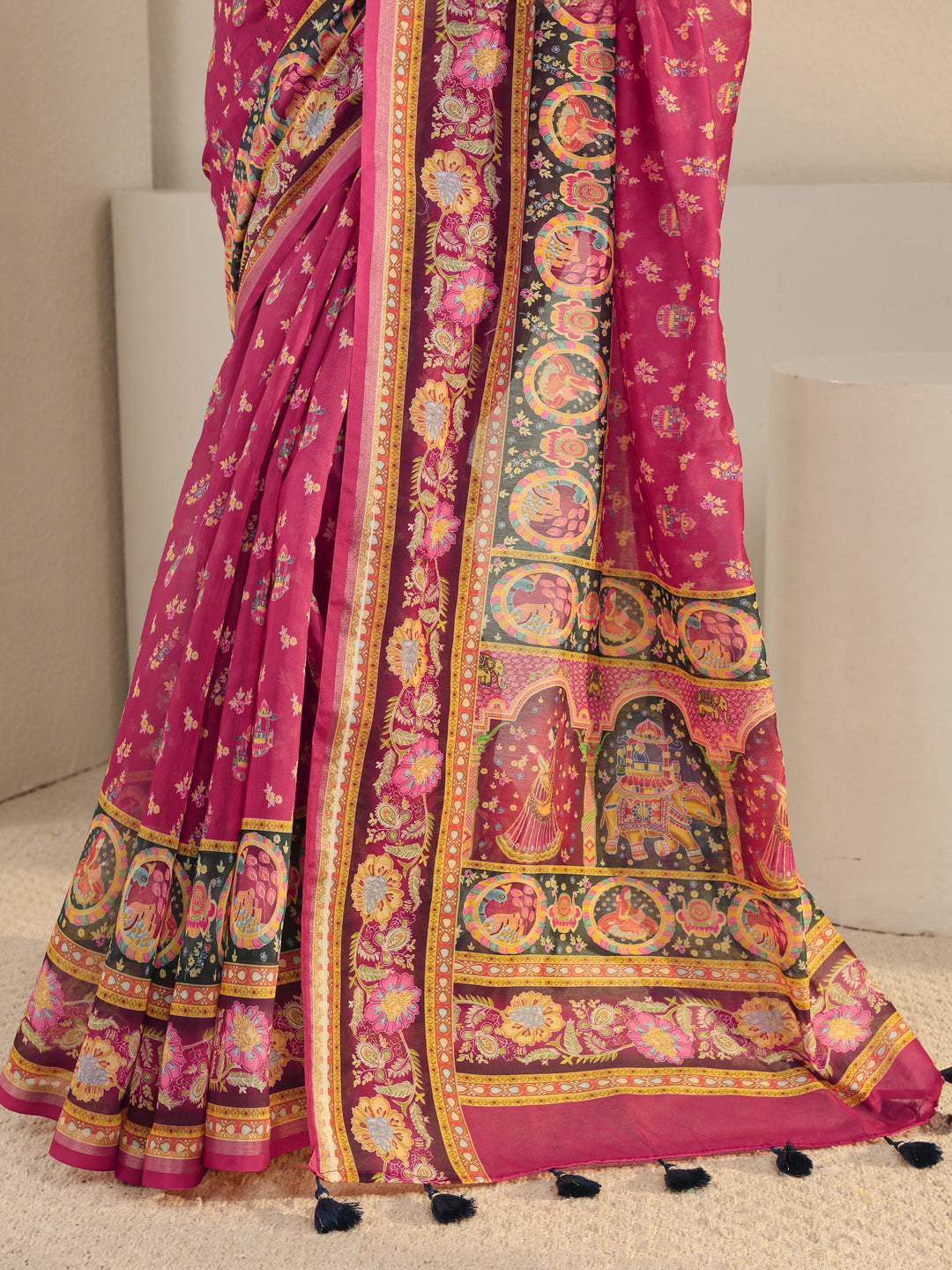 Pink Floral Printed Silk Blend Tassel Saree With Unstitched Blouse Piece