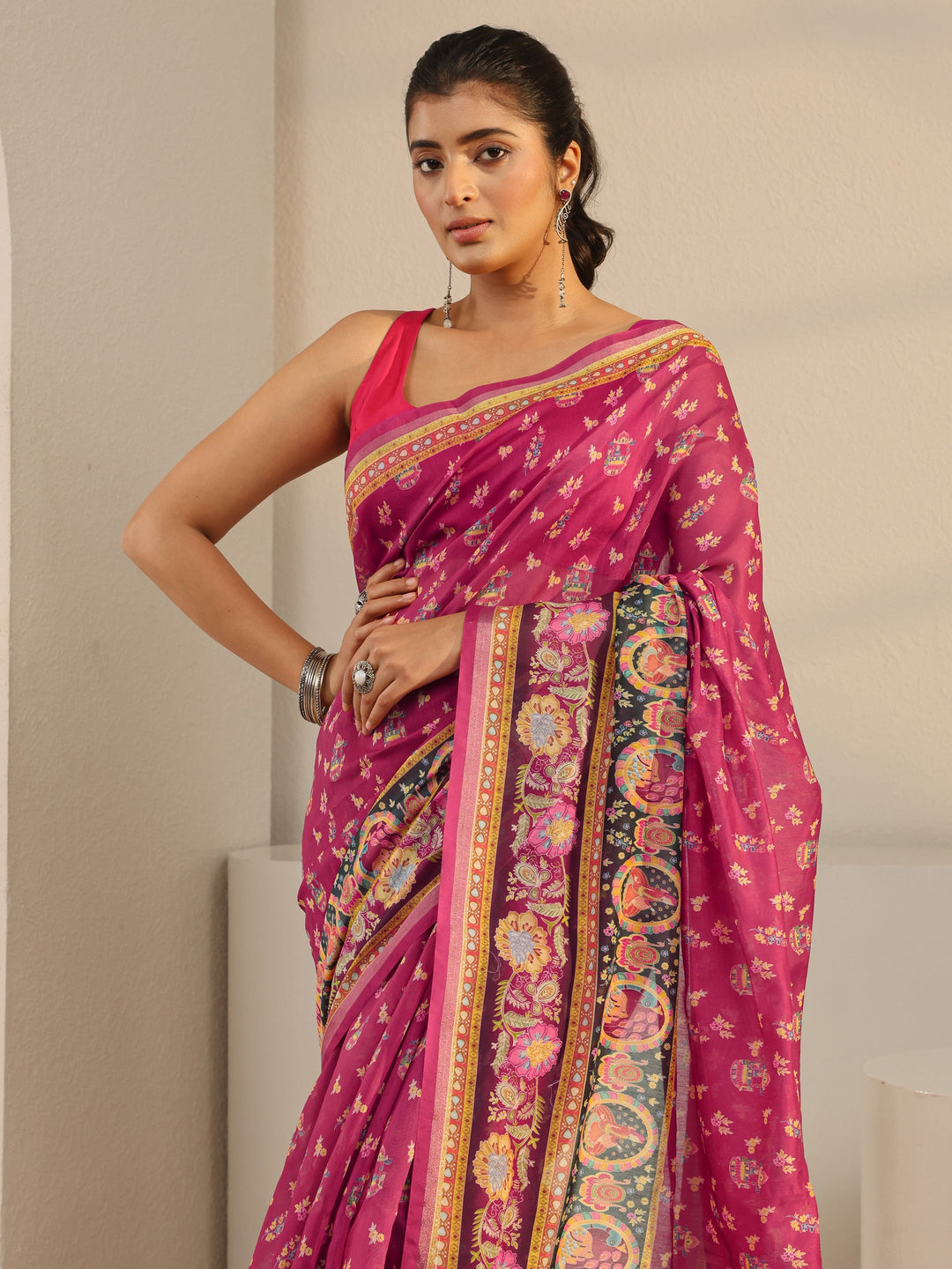 Pink Floral Printed Silk Blend Tassel Saree With Unstitched Blouse Piece