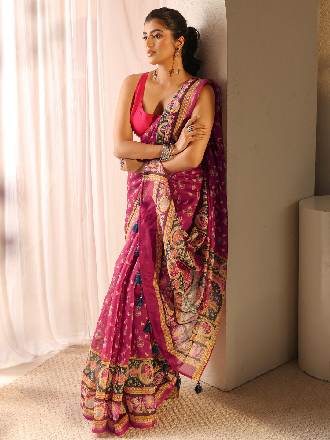 Pink Floral Printed Silk Blend Tassel Saree With Unstitched Blouse Piece