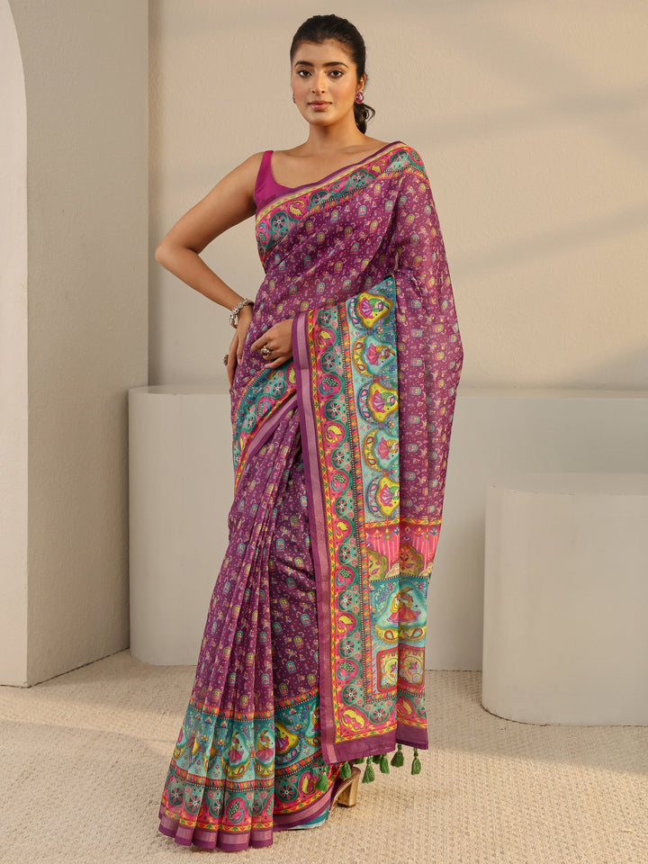 Purple Tribal Printed Silk Blend Tassel Saree With Unstitched Blouse Piece