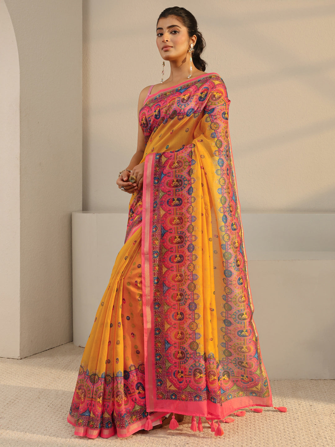 Mustard Tribal Printed Silk Blend Tassel Saree With Unstitched Blouse Piece