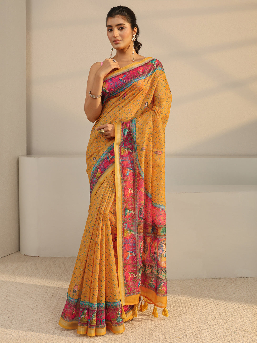 Mustard Mughal Printed Silk Blend Tassel Saree With Unstitched Blouse Piece