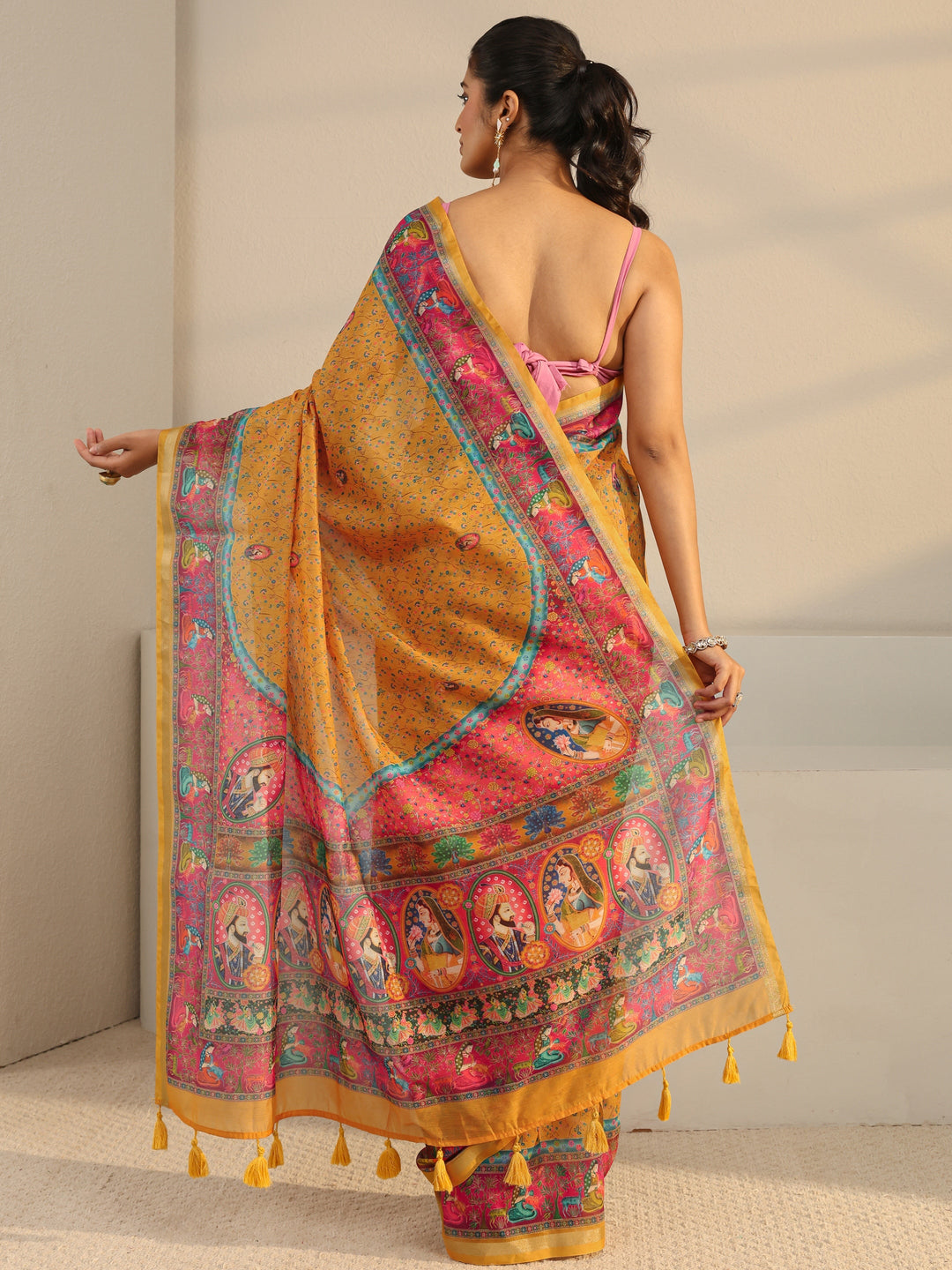 Mustard Mughal Printed Silk Blend Tassel Saree With Unstitched Blouse Piece