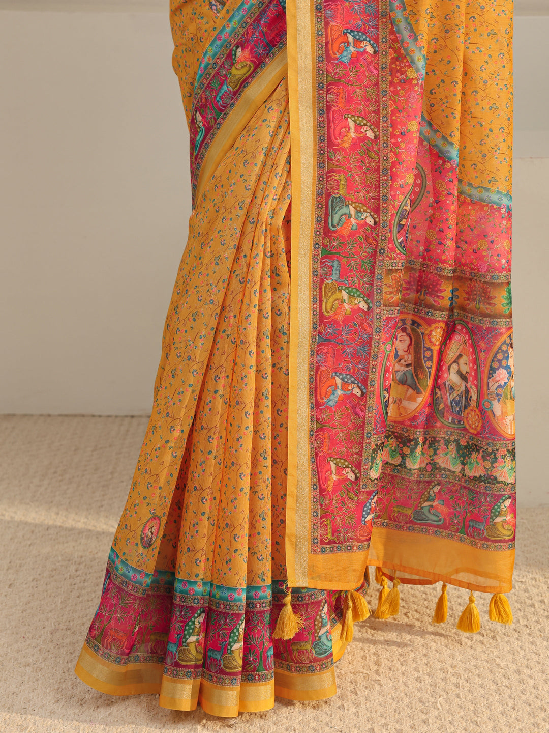 Mustard Mughal Printed Silk Blend Tassel Saree With Unstitched Blouse Piece