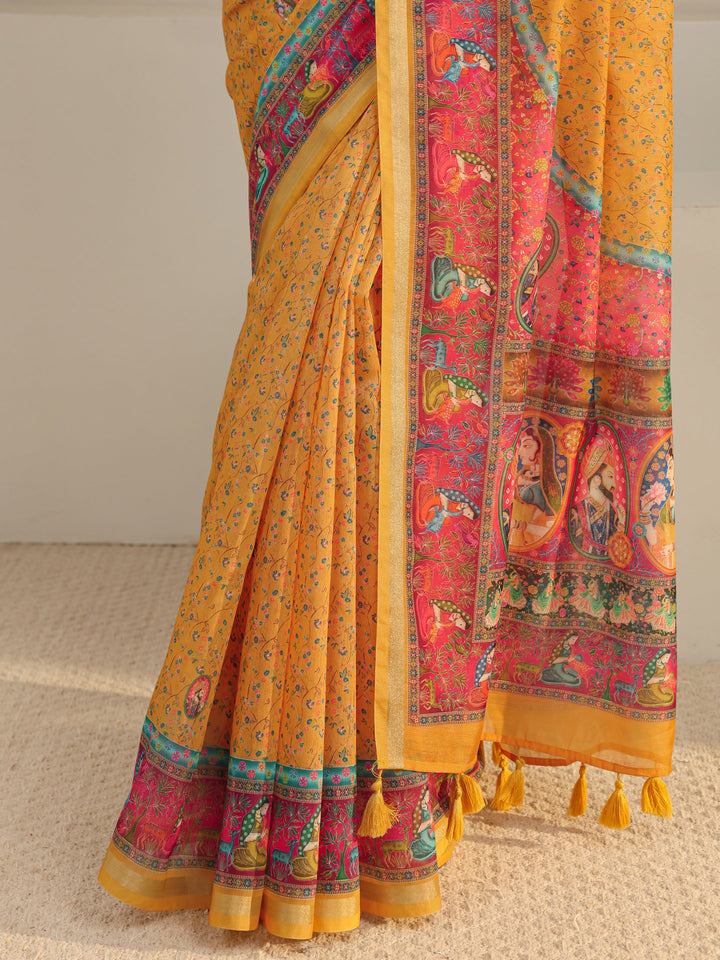 Mustard Mughal Printed Silk Blend Tassel Saree With Unstitched Blouse Piece