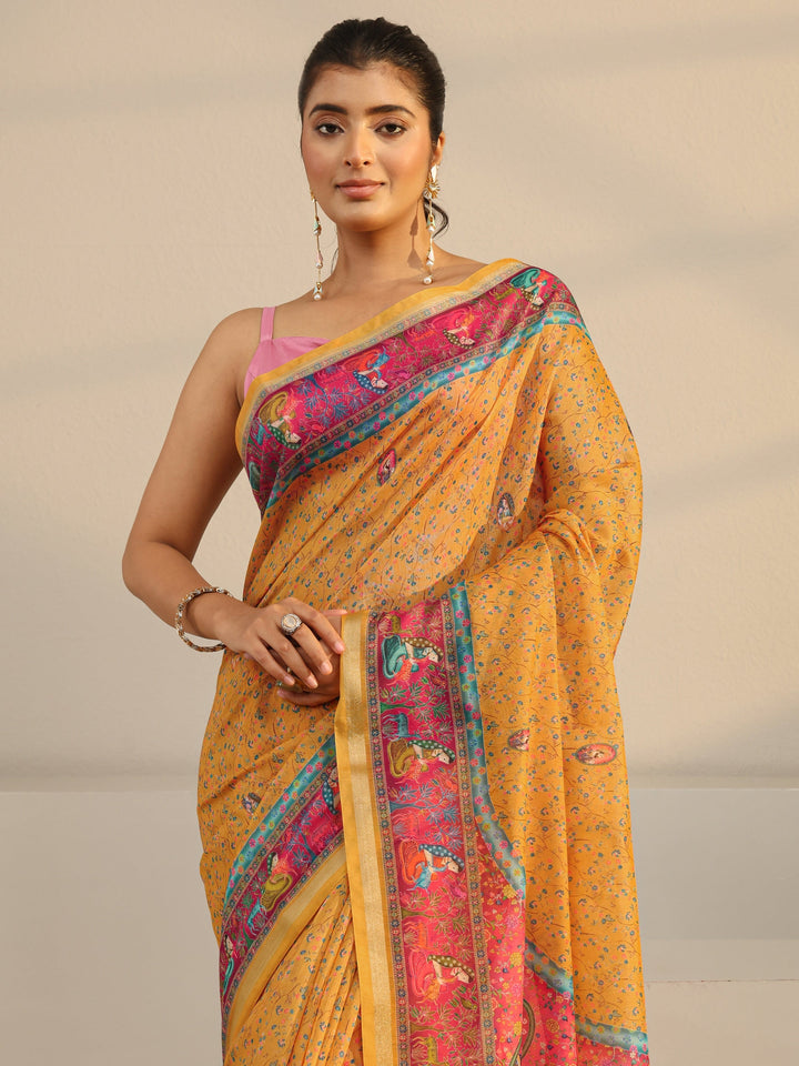 Mustard Mughal Printed Silk Blend Tassel Saree With Unstitched Blouse Piece