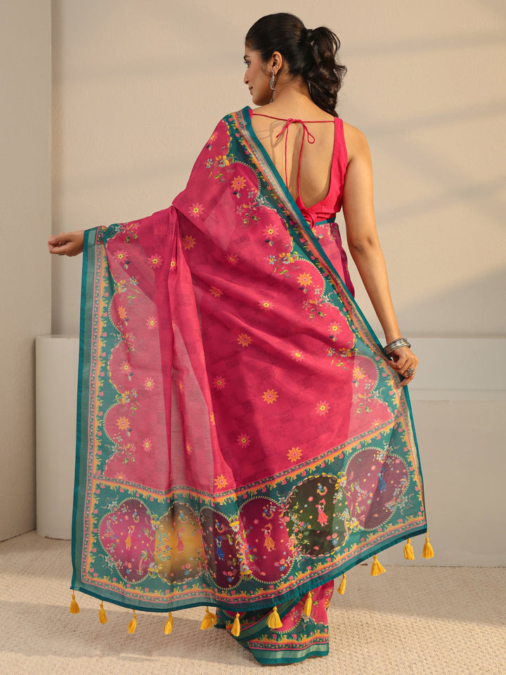 Pink Floral Printed Silk Blend Tassel Saree With Unstitched Blouse Piece