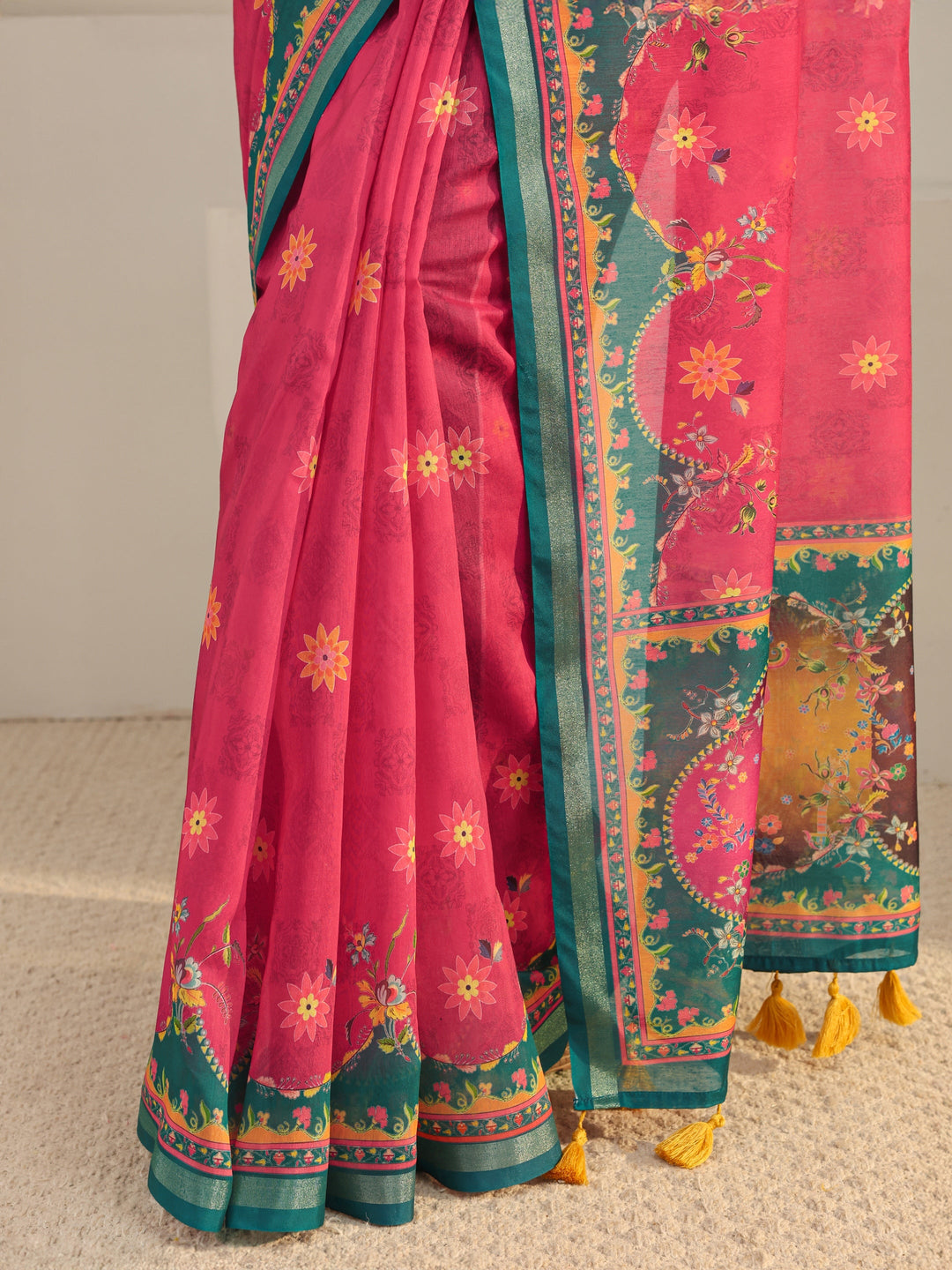Pink Floral Printed Silk Blend Tassel Saree With Unstitched Blouse Piece