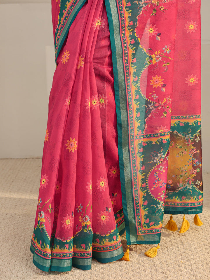 Pink Floral Printed Silk Blend Tassel Saree With Unstitched Blouse Piece
