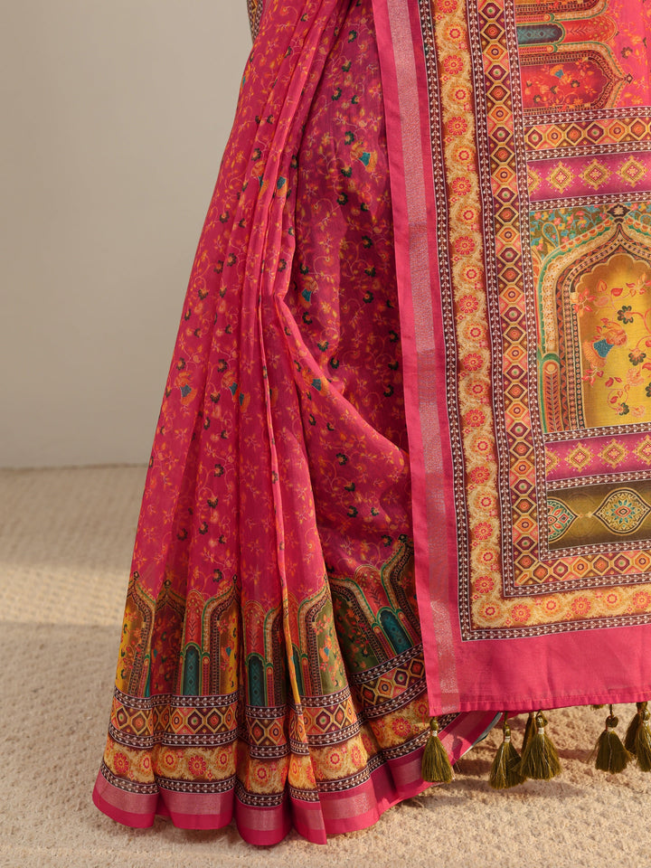 Pink Floral Printed Silk Blend Tassel Saree With Unstitched Blouse Piece