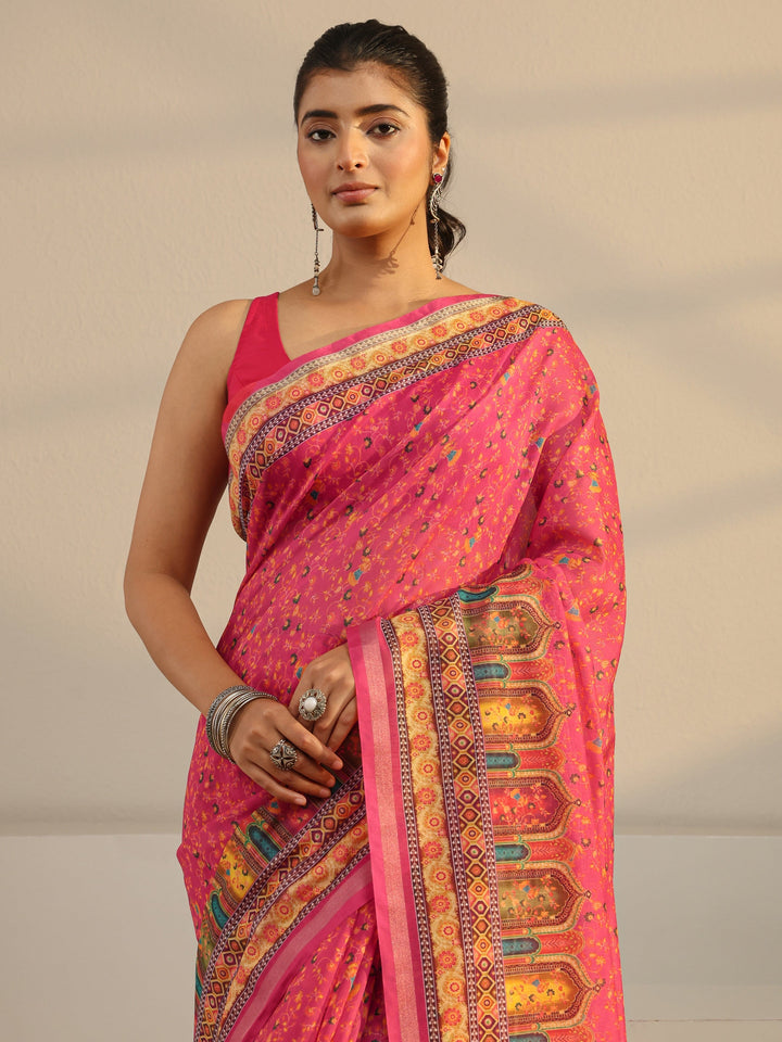 Pink Floral Printed Silk Blend Tassel Saree With Unstitched Blouse Piece