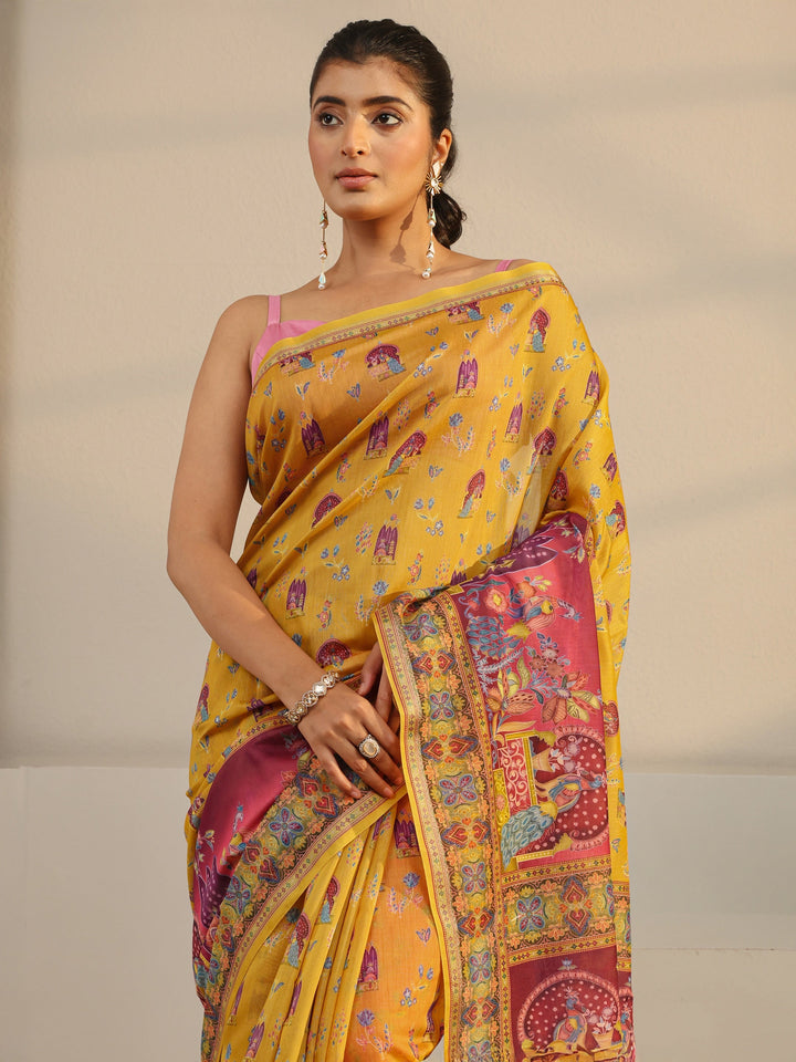 Mustard Tribal Printed Silk Blend Tassel Saree With Unstitched Blouse Piece