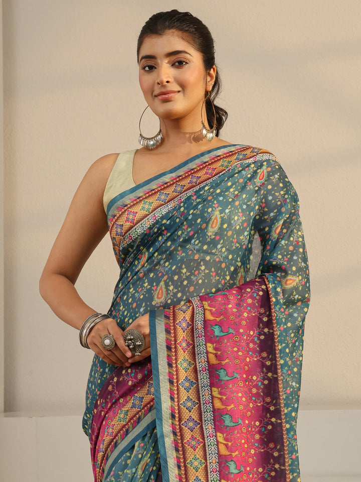 Green Floral Printed Silk Blend Tassel Saree With Unstitched Blouse Piece