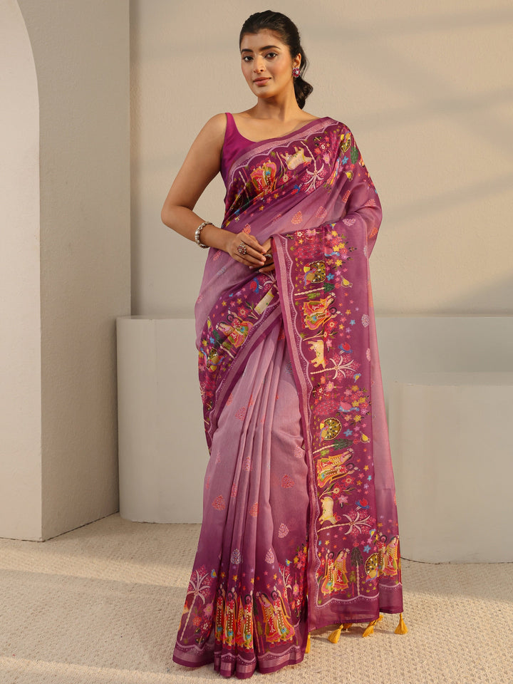 Purple Tribal Printed Silk Blend Tassel Saree With Unstitched Blouse Piece