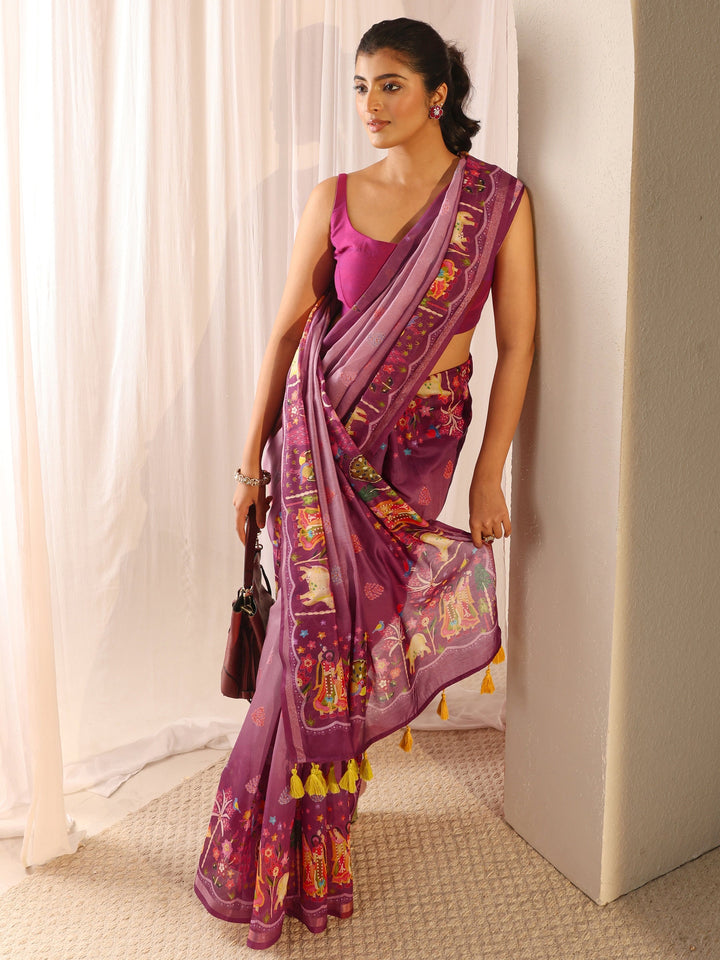 Purple Tribal Printed Silk Blend Tassel Saree With Unstitched Blouse Piece