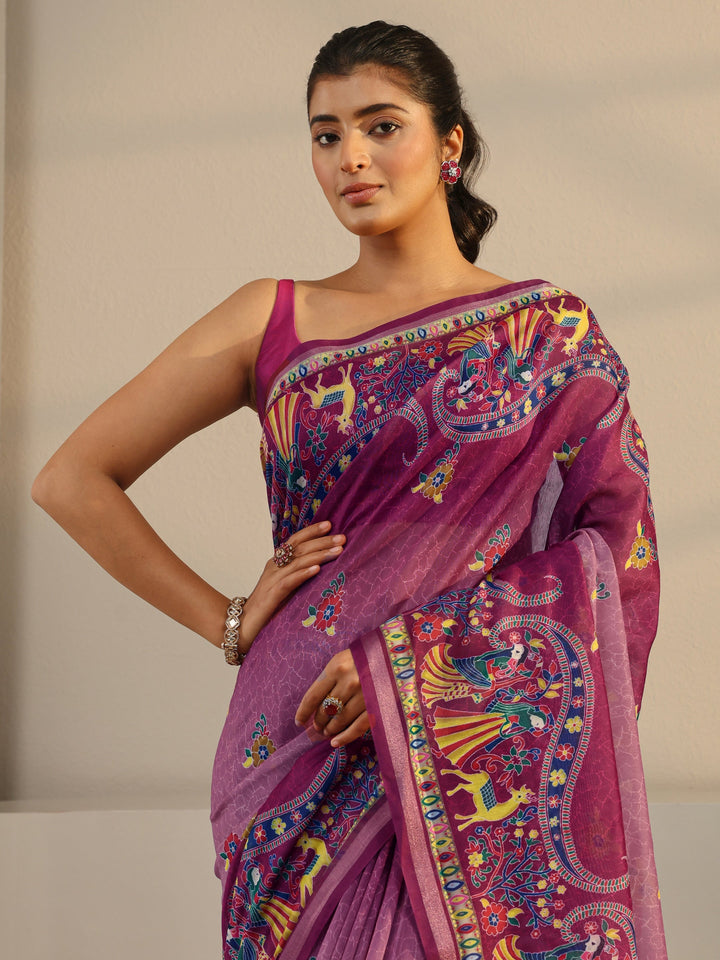 Purple Tribal Printed Silk Blend Tassel Saree With Unstitched Blouse Piece