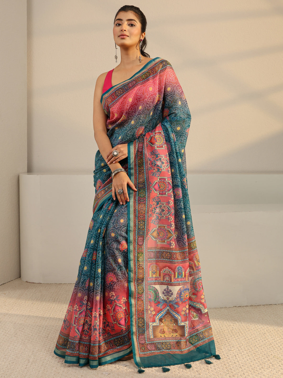 Green Bandhani Printed Silk Blend Tassel Saree With Unstitched Blouse Piece