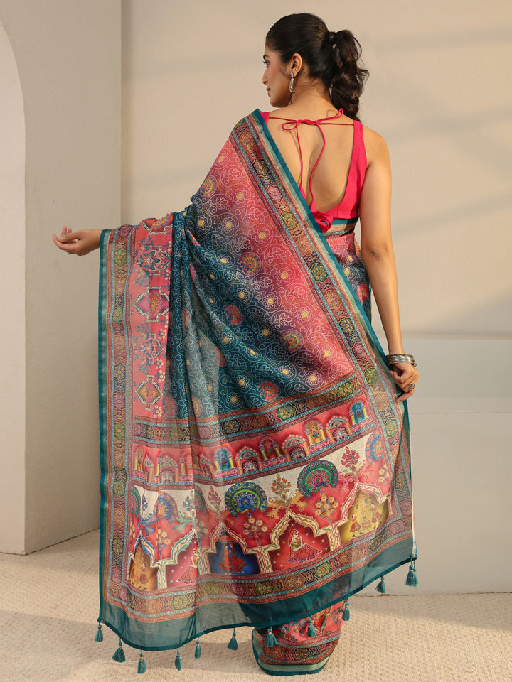 Green Bandhani Printed Silk Blend Tassel Saree With Unstitched Blouse Piece