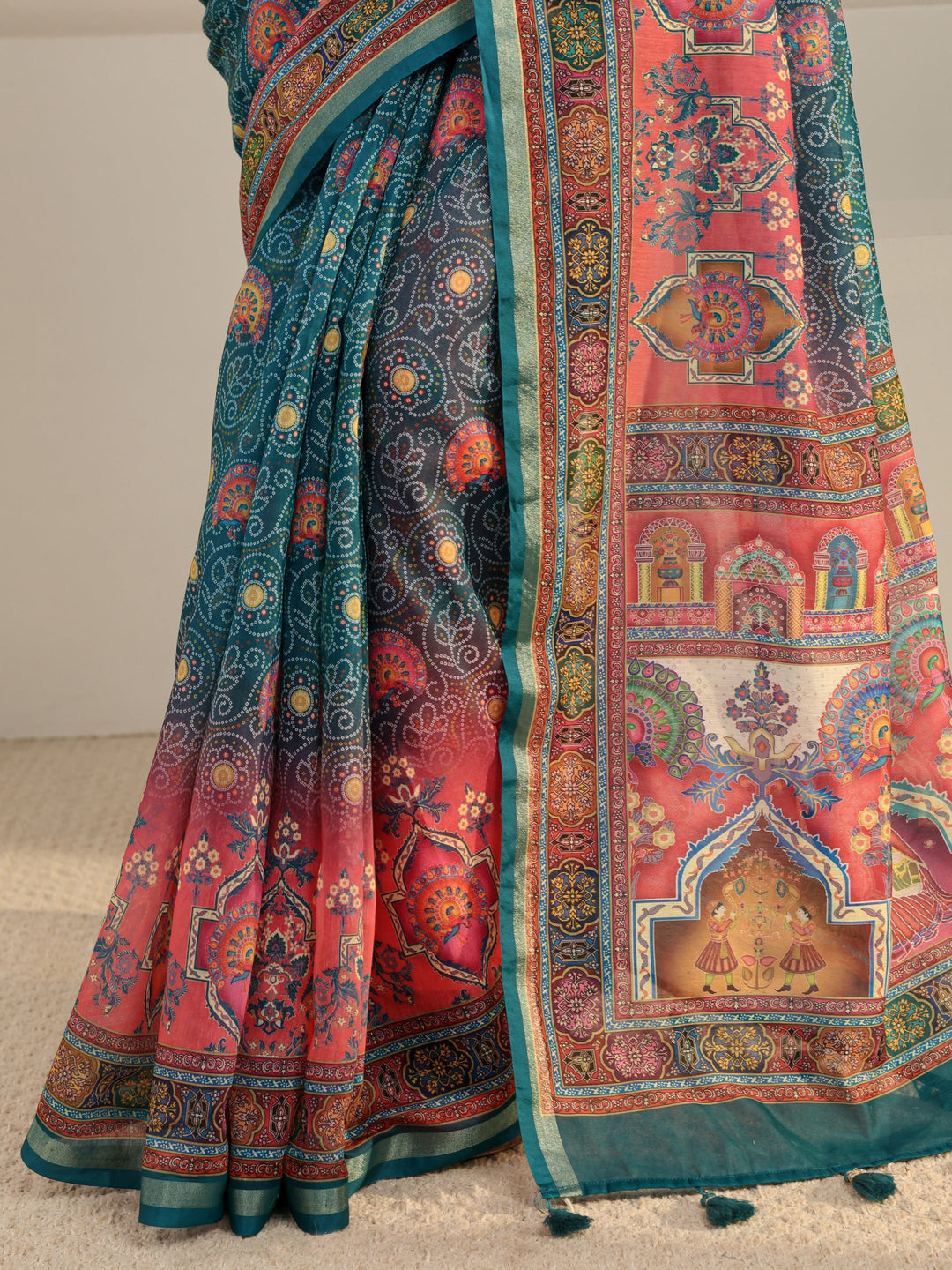 Green Bandhani Printed Silk Blend Tassel Saree With Unstitched Blouse Piece