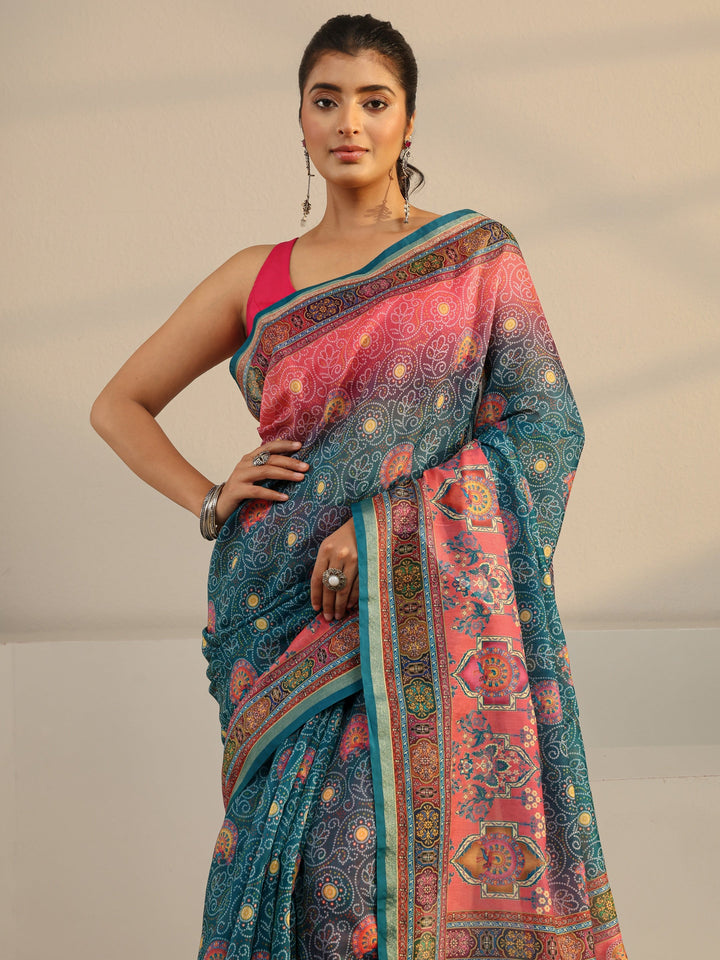Green Bandhani Printed Silk Blend Tassel Saree With Unstitched Blouse Piece