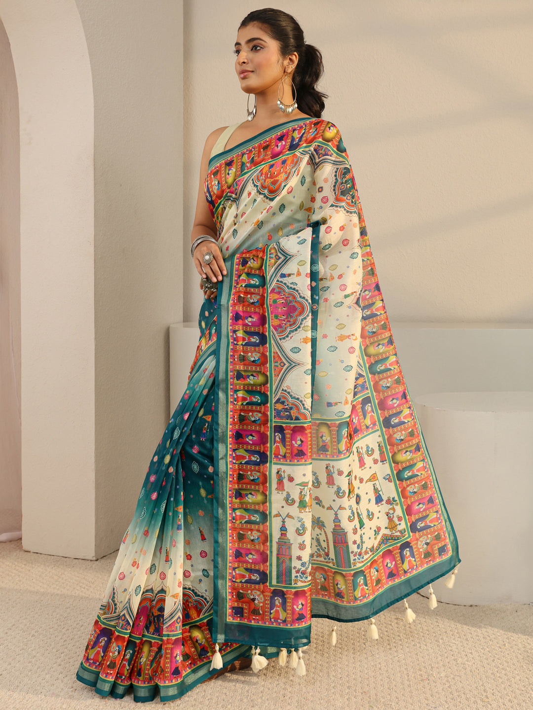 Green Tribal Printed Silk Blend Ombre Tassel Saree With Unstitched Blouse Piece