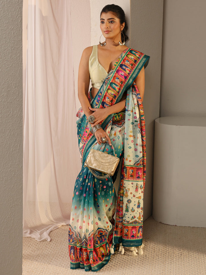 Green Tribal Printed Silk Blend Ombre Tassel Saree With Unstitched Blouse Piece