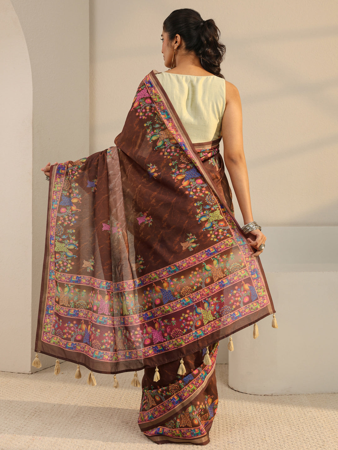Brown Floral Printed Silk Blend Ombre Tassel Saree With Unstitched Blouse Piece