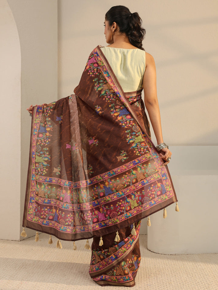Brown Floral Printed Silk Blend Ombre Tassel Saree With Unstitched Blouse Piece