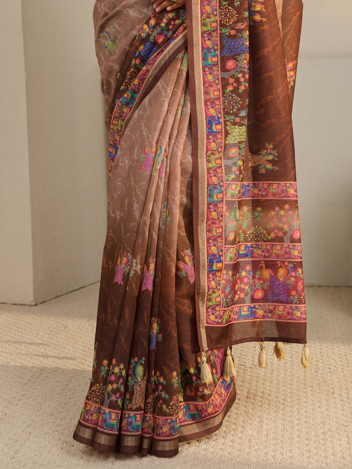 Brown Floral Printed Silk Blend Ombre Tassel Saree With Unstitched Blouse Piece