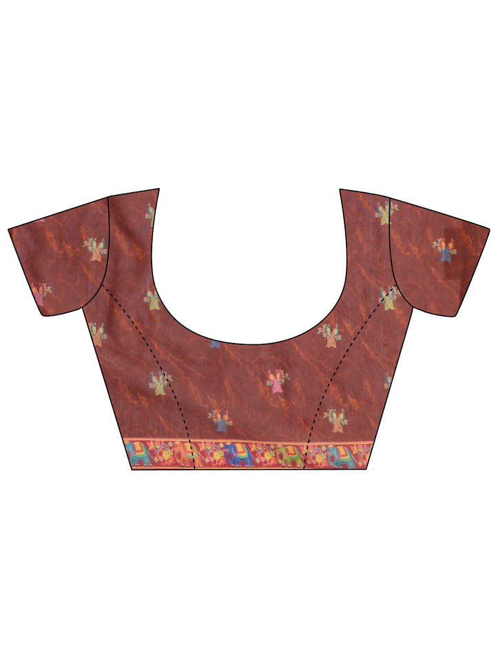 Brown Floral Printed Silk Blend Ombre Tassel Saree With Unstitched Blouse Piece