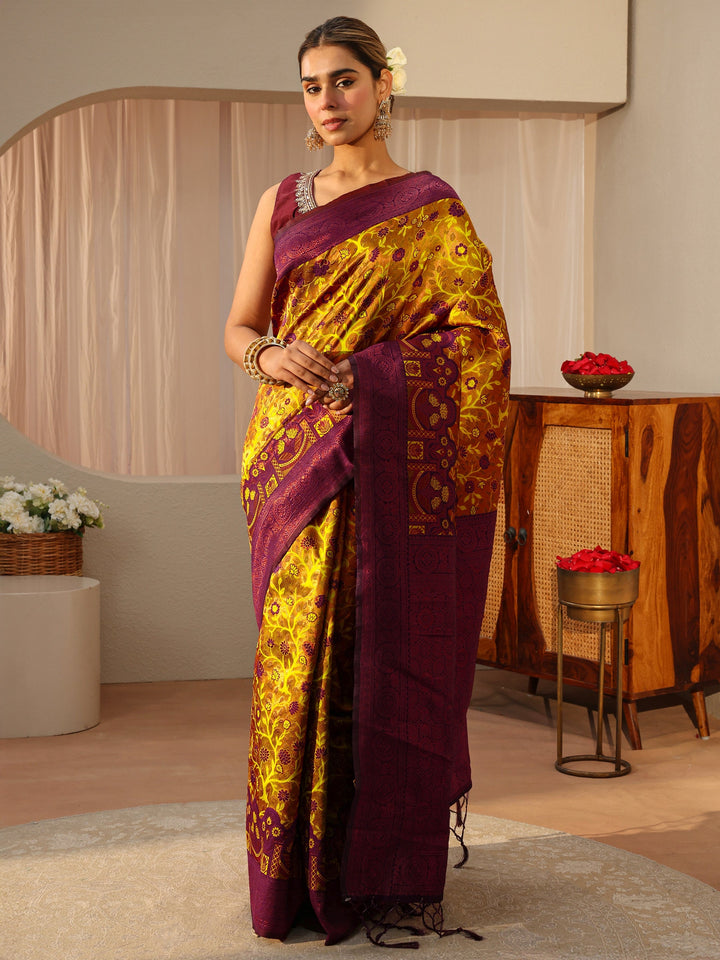 Mustard Floral Woven Design Silk Blend Saree