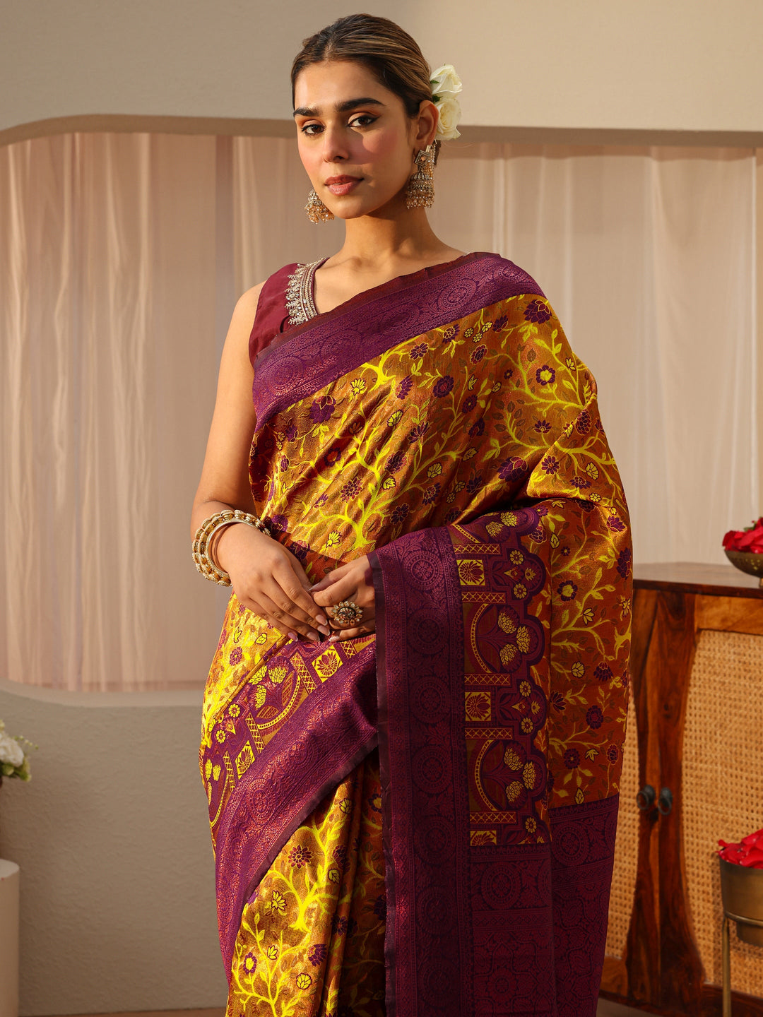 Mustard Floral Woven Design Silk Blend Saree