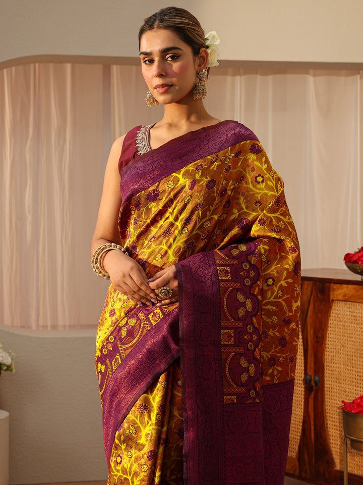 Mustard Floral Woven Design Silk Blend Saree