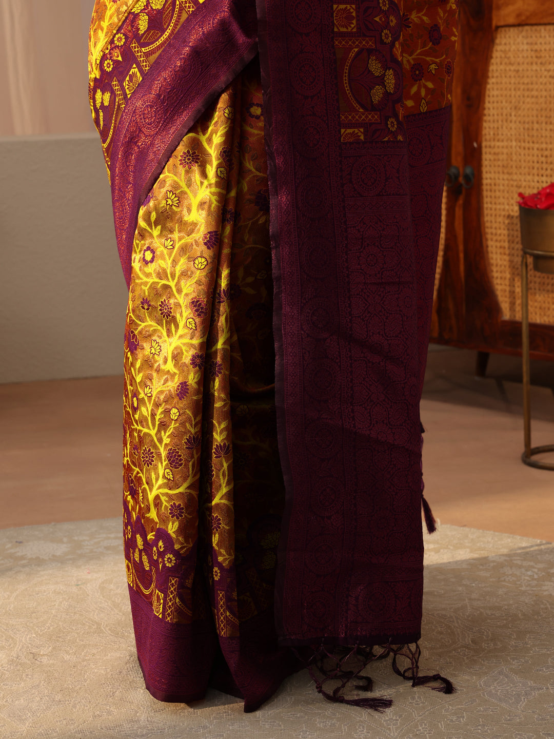 Mustard Floral Woven Design Silk Blend Saree