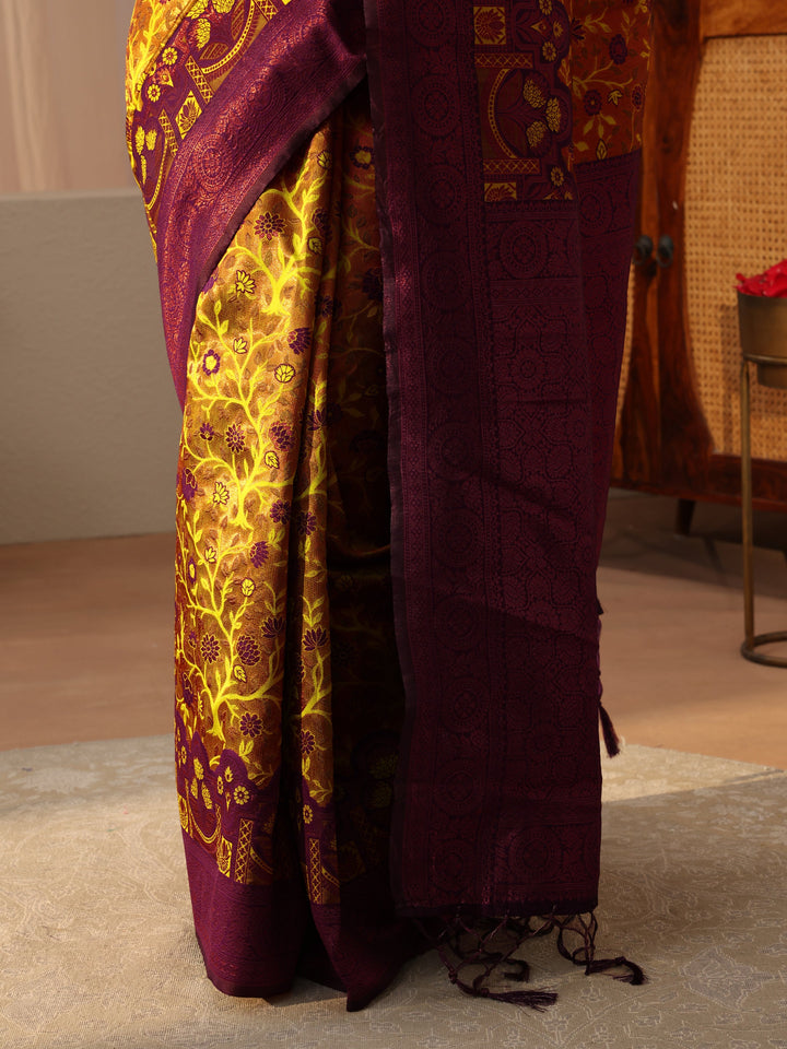Mustard Floral Woven Design Silk Blend Saree