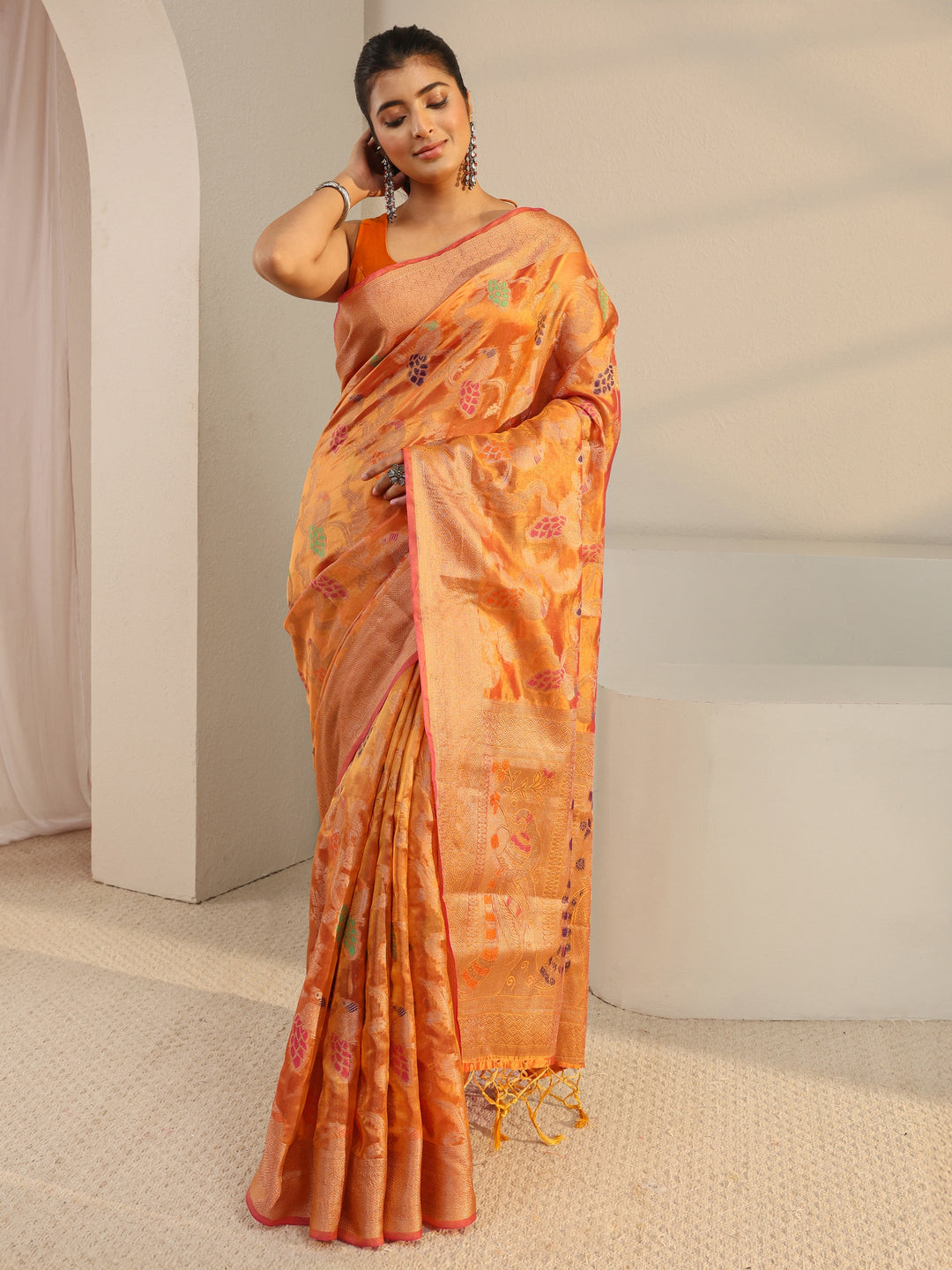 Mustard Floral Woven Design Silk Blend Saree With Unstitched Blouse Piece