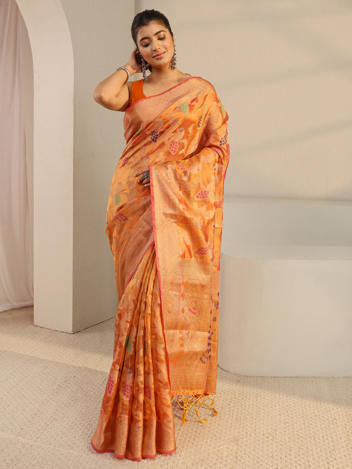Mustard Floral Woven Design Silk Blend Saree With Unstitched Blouse Piece