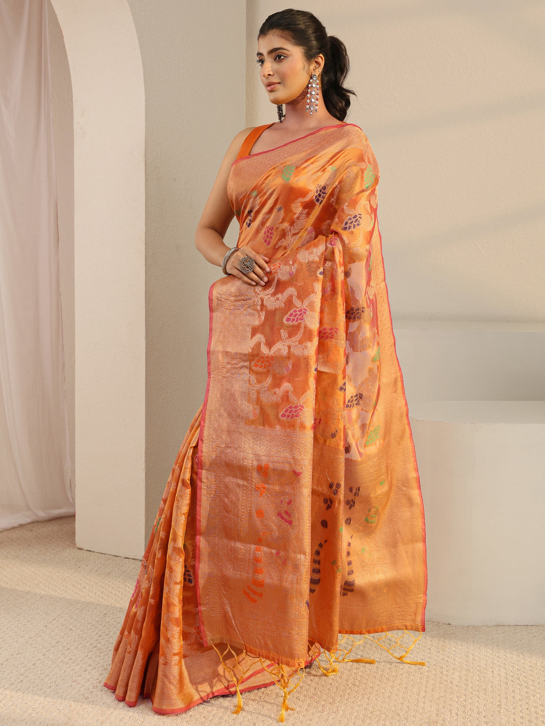 Mustard Floral Woven Design Silk Blend Saree With Unstitched Blouse Piece