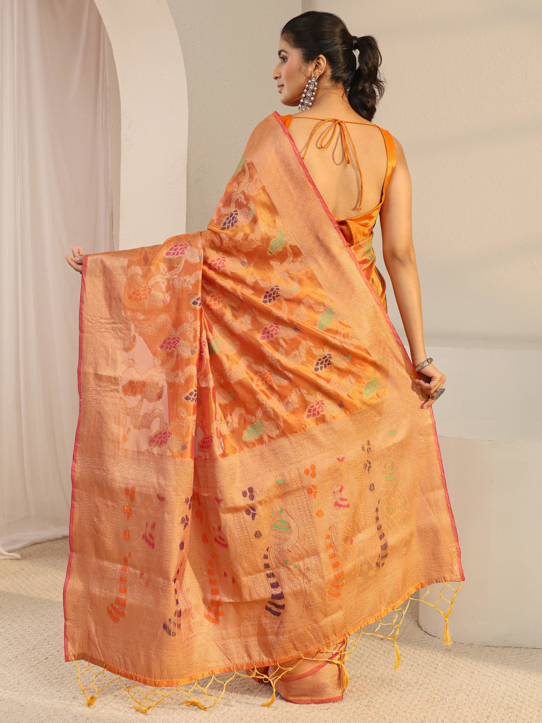 Mustard Floral Woven Design Silk Blend Saree With Unstitched Blouse Piece