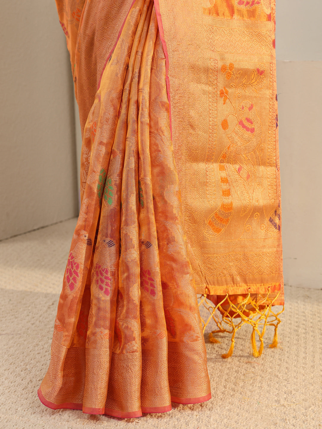 Mustard Floral Woven Design Silk Blend Saree With Unstitched Blouse Piece