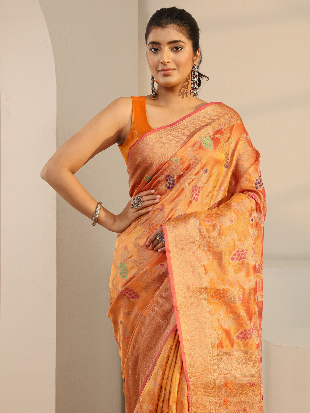 Mustard Floral Woven Design Silk Blend Saree With Unstitched Blouse Piece