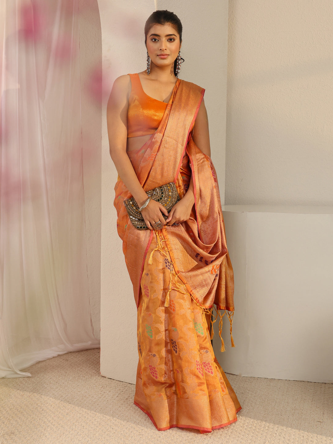Mustard Floral Woven Design Silk Blend Saree With Unstitched Blouse Piece