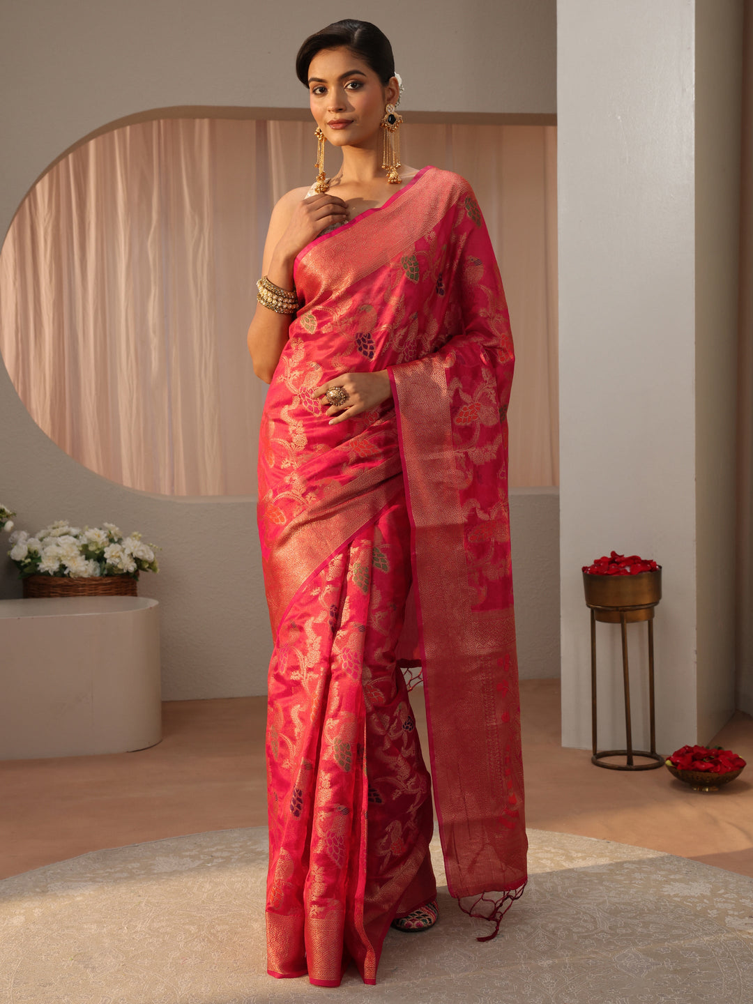 Pink Floral Self Design Silk Blend Saree