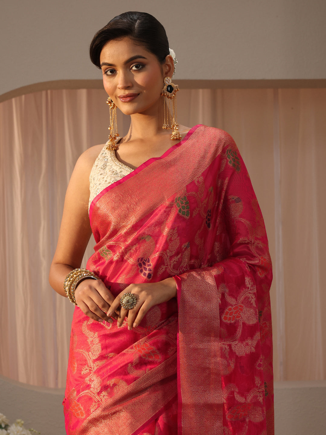 Pink Floral Self Design Silk Blend Saree