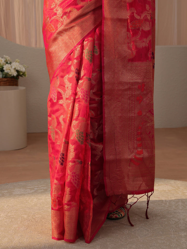 Pink Floral Self Design Silk Blend Saree