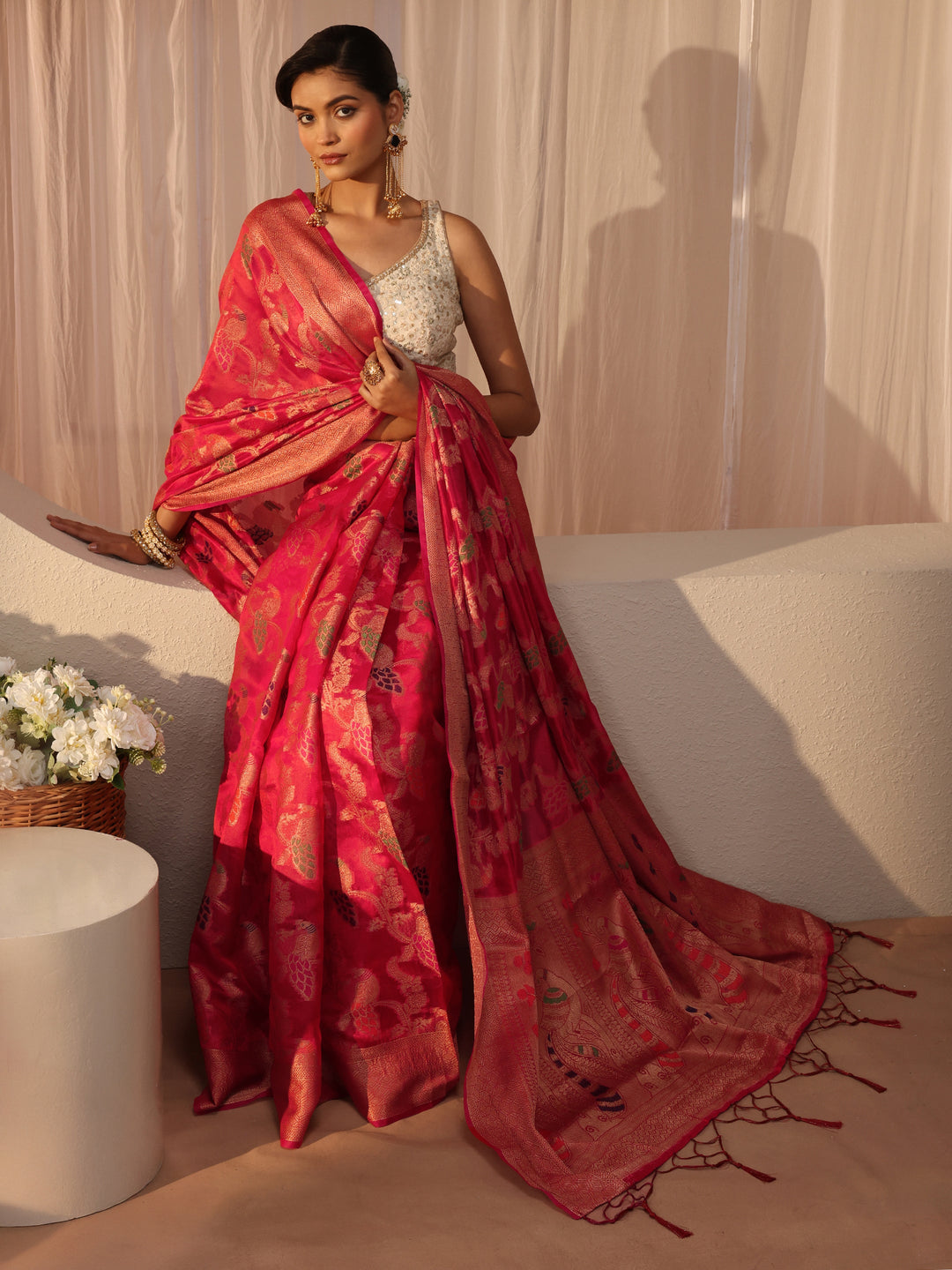 Pink Floral Self Design Silk Blend Saree